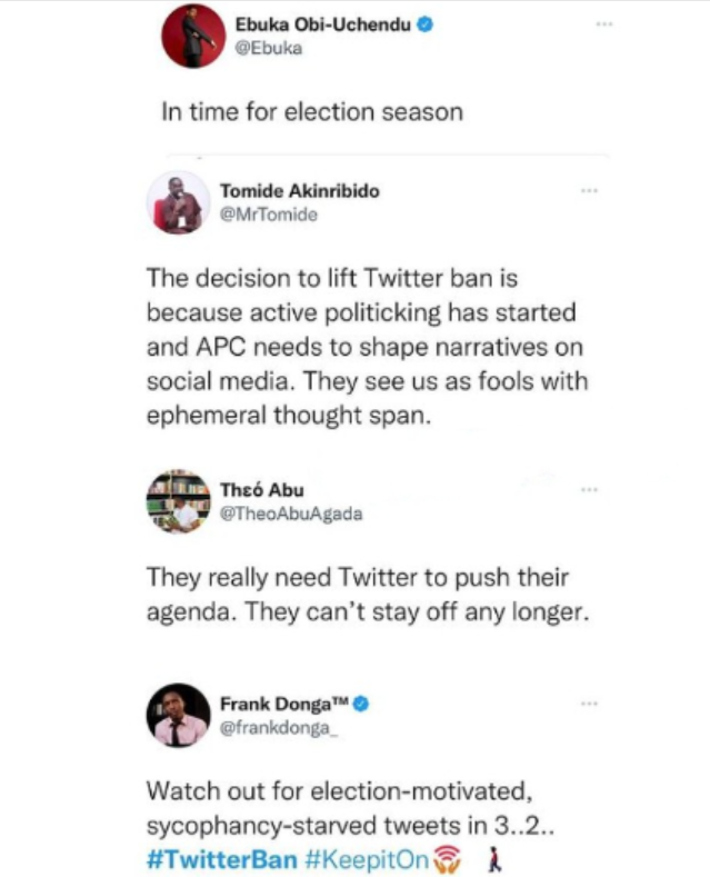 Watch out for election motivated sycophancy starved tweets - Ebuka and Frank Donga react to FG lifting suspension of Twitter operations 