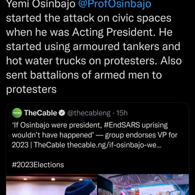 How VP Yemi Osibanjo used armoured tankers and hot water trucks on protesters – Aisha