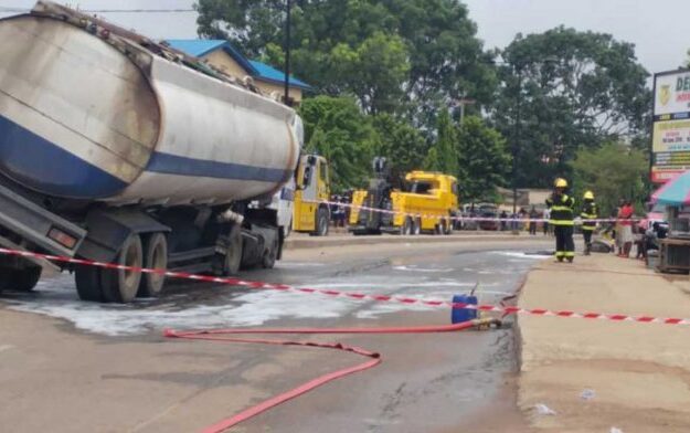 Loaded fuel tanker falls in Apongbon, Lagos Island
