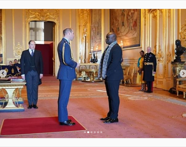 Muyiwa Olanrewaju Gospel singer receives an OBE medal from Prince William