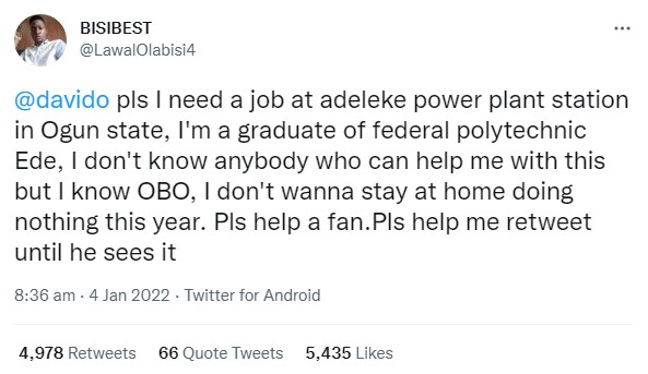 Nigerian Graduate Begs Davido To Help Him Get A Job At His Father’s Power Plant