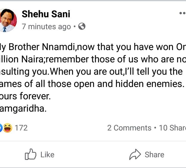 “Now that you have won N1b, remember us who are not insulting you”, Shehu Sani tells Nnamdi Kanu