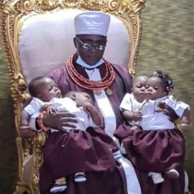 Photos Of Oba Of Benin And His Youngest Wife, Queen Aisosa, With Their Adorable Set Of Quadruplets