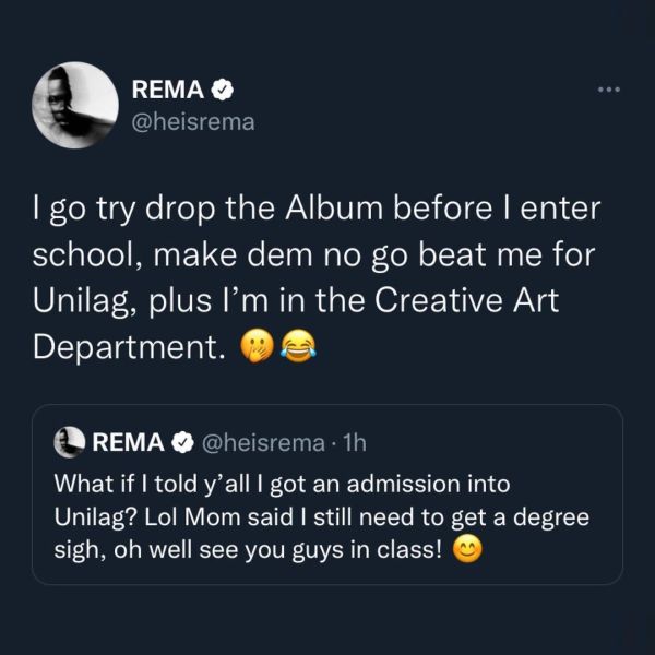Rema Gains Admission Into UNILAG After His Mum Advised Him To Get A Degree