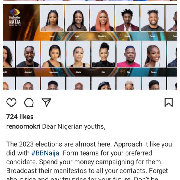 Take elections as serious as you do BBNaija – Reno Omokri to Nigerian youths