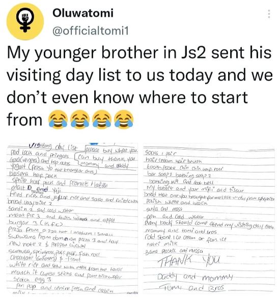 Boarding School Student Sends Long List Of Demands To His Family Ahead Of Visiting Day