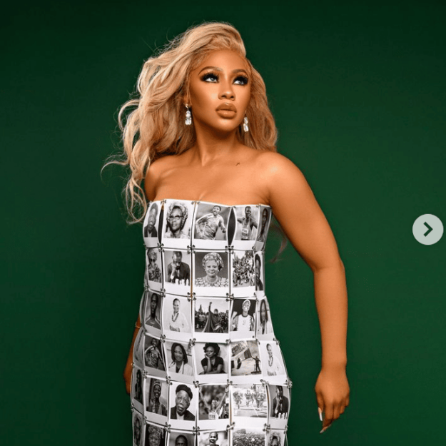 Nigeria At 62: Mercy Eke rocks dress with past and present leaders’ faces (photos)