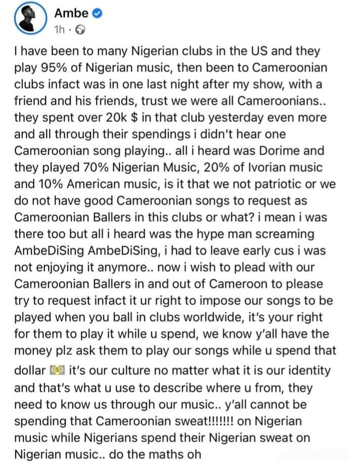 Singer, AmbeDiSing Condemns Cameroonian For Always Playing Nigerian Songs