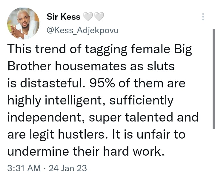BBNaija’s Kess Slams Nedu Wazobia For Tagging His Female Colleagues As Sluts