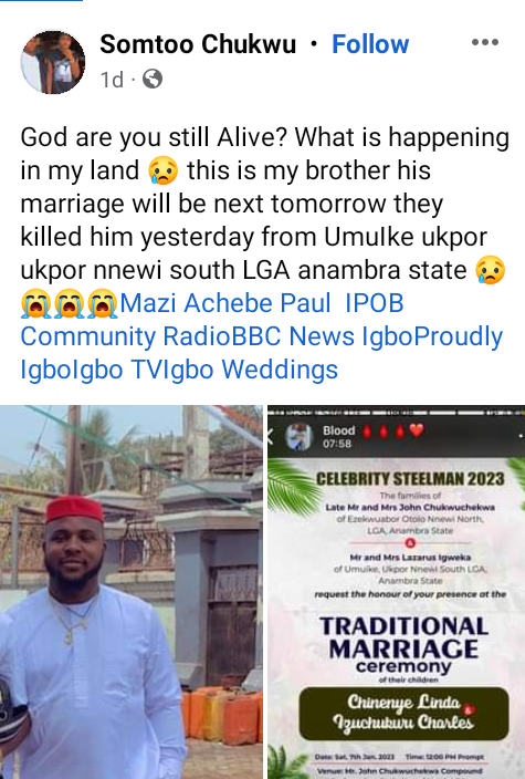 Gunmen Kill Young Man Two Days To His Traditional Wedding In Anambra [Photos]
