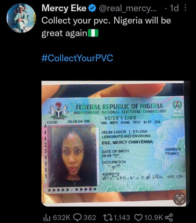 Mercy Eke Exposed As Her Voters Card Reveals She’s 32 Years, Not 29 As She Claims