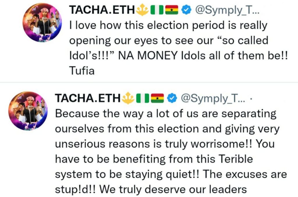 "Na Money Idols All Of Them Be" - BBNaija's Tacha Slams Celebrities For Being Silent On 2023 election