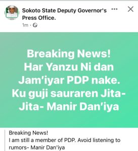 2023: ‘I Am Still In PDP’ – Sokoto Deputy Governor Debunks Fake News