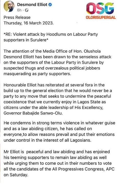 Desmond Elliot Condemns 'Senseless Attack' On His Opponent, Olumide Oworu In Lagos