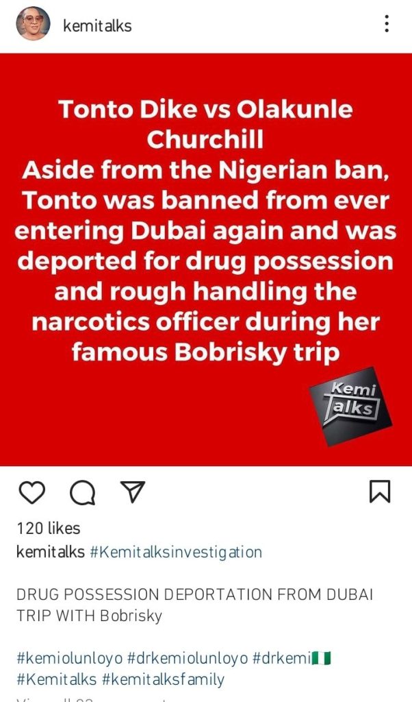 Kemi Olunloyo Reveals Why Tonto Dikeh Was Allegedly Banned From US And Dubai