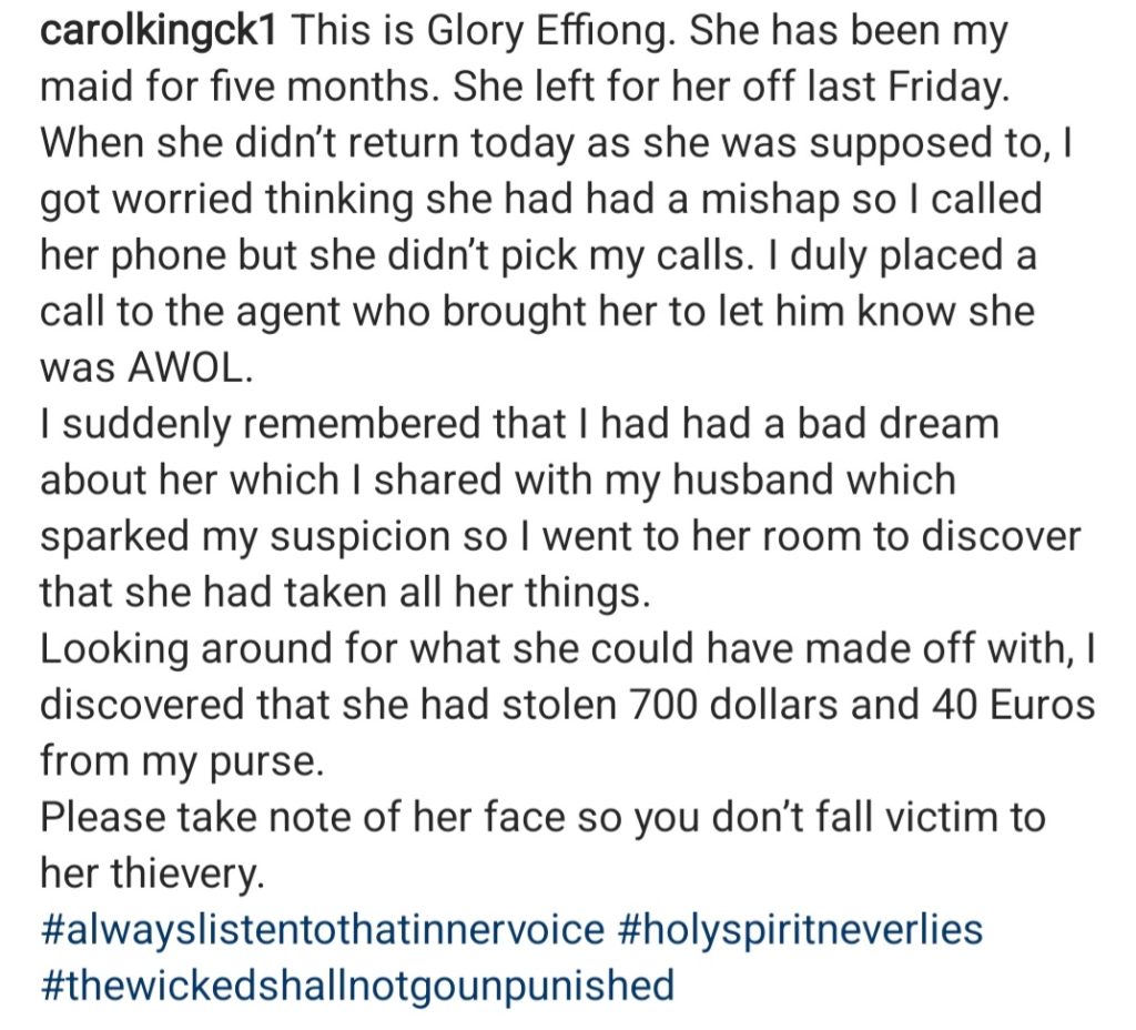 Actress Carol King calls out her househelp who allegedly absconded with her $700 and €40 12