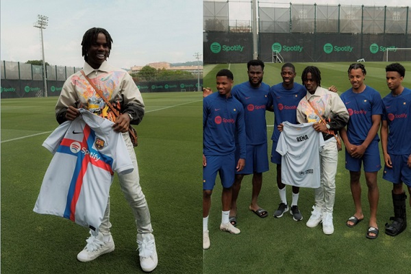 Rema Storms Barcelona’s Training Ground, Meets Players (Photo)