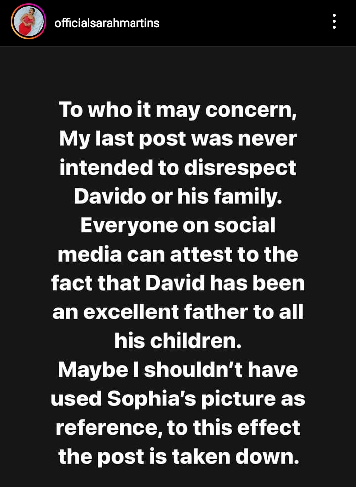 Sarah Martins Apologizes To Davido After Shading Him Over Sophia Momodu’s Rant