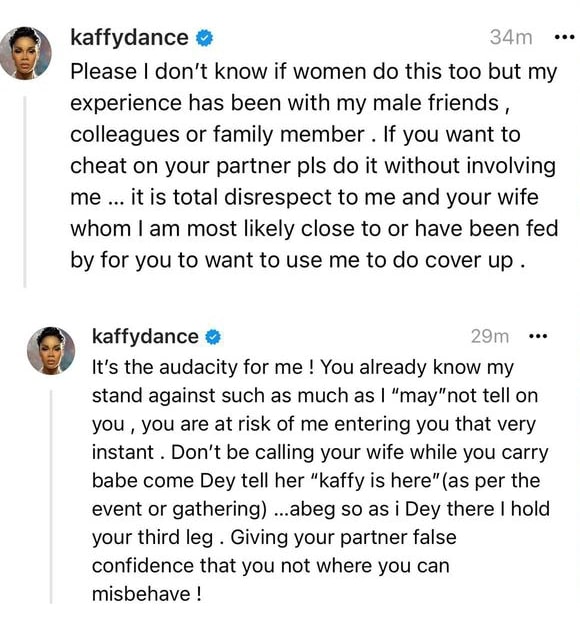 Dancer Kaffy Warns Male Friends Who Are Using Her To Cheat On Their Partners