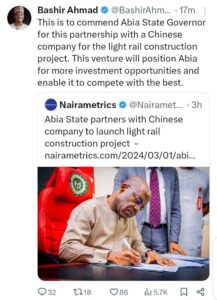 Bashir Ahmad reacts after Otti announced partnership with Chinese coy to launch rail project