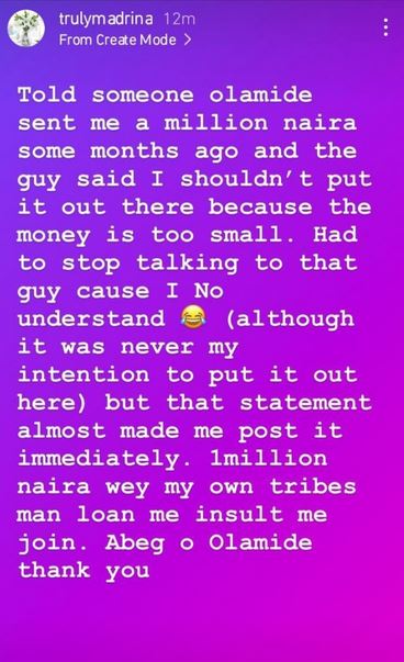 I Was Told Not To Thank Olamide Publicly After He Gifted Me N1million - Cynthia Morgan